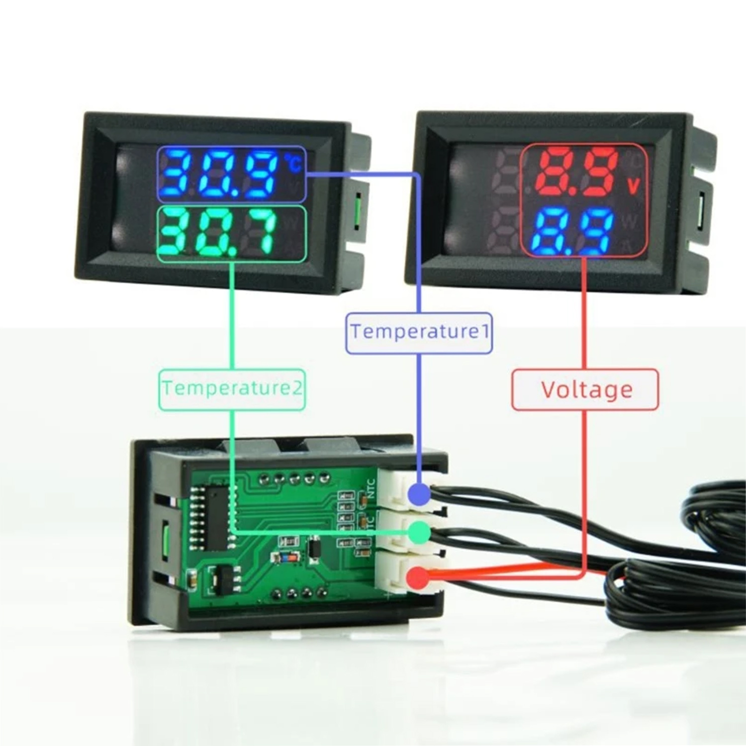 фото товара Цифровой термометр двойной с выносными датчиками температуры -50 до +110 °C. DC 12В, Синий / Красный