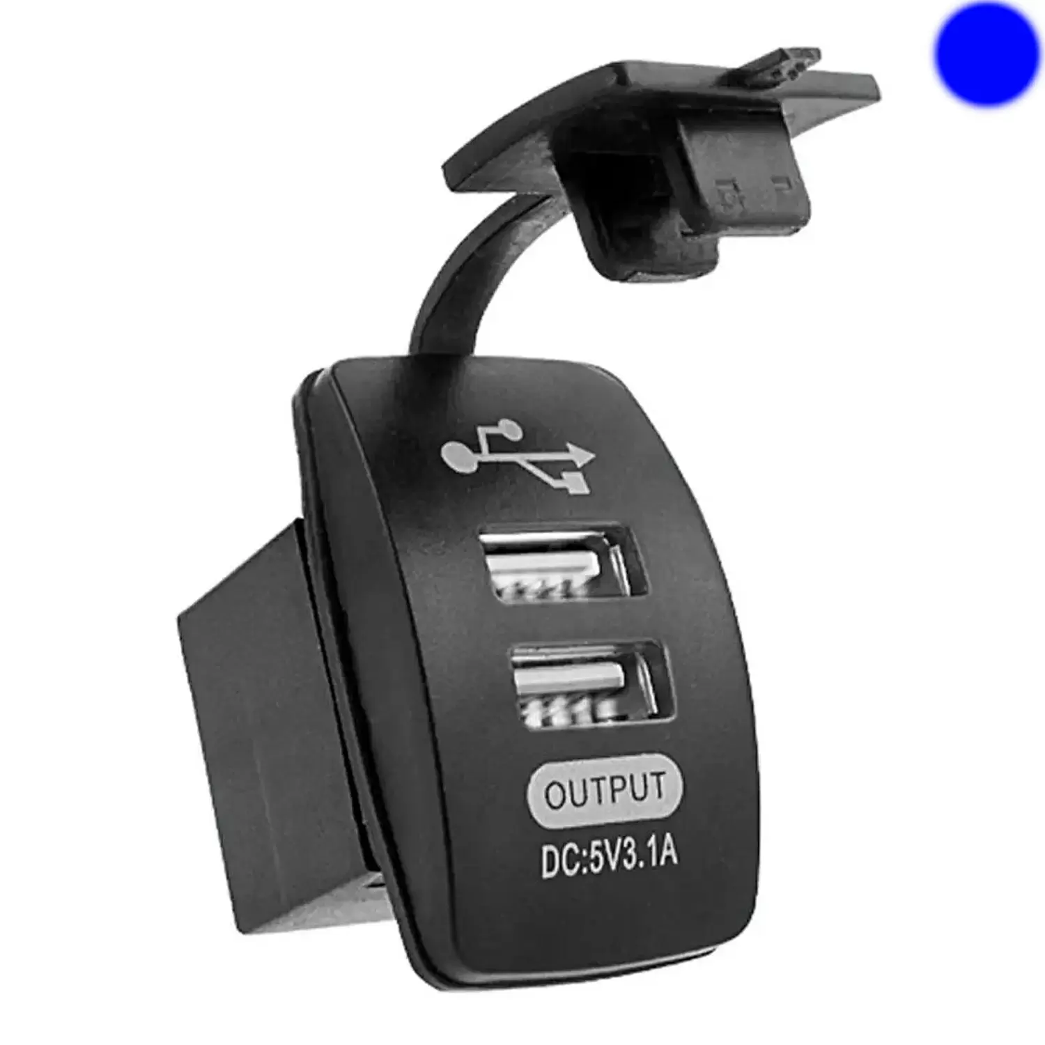 Гнездо USB на 2, прямоугольное (вход 12/24V, выход – 5V, 3.1A), LED подсветка (Синий) фото товара Гнездо USB на 2, прямоугольное (вход 12/24V, выход – 5V, 3.1A), LED подсветка (Синий)