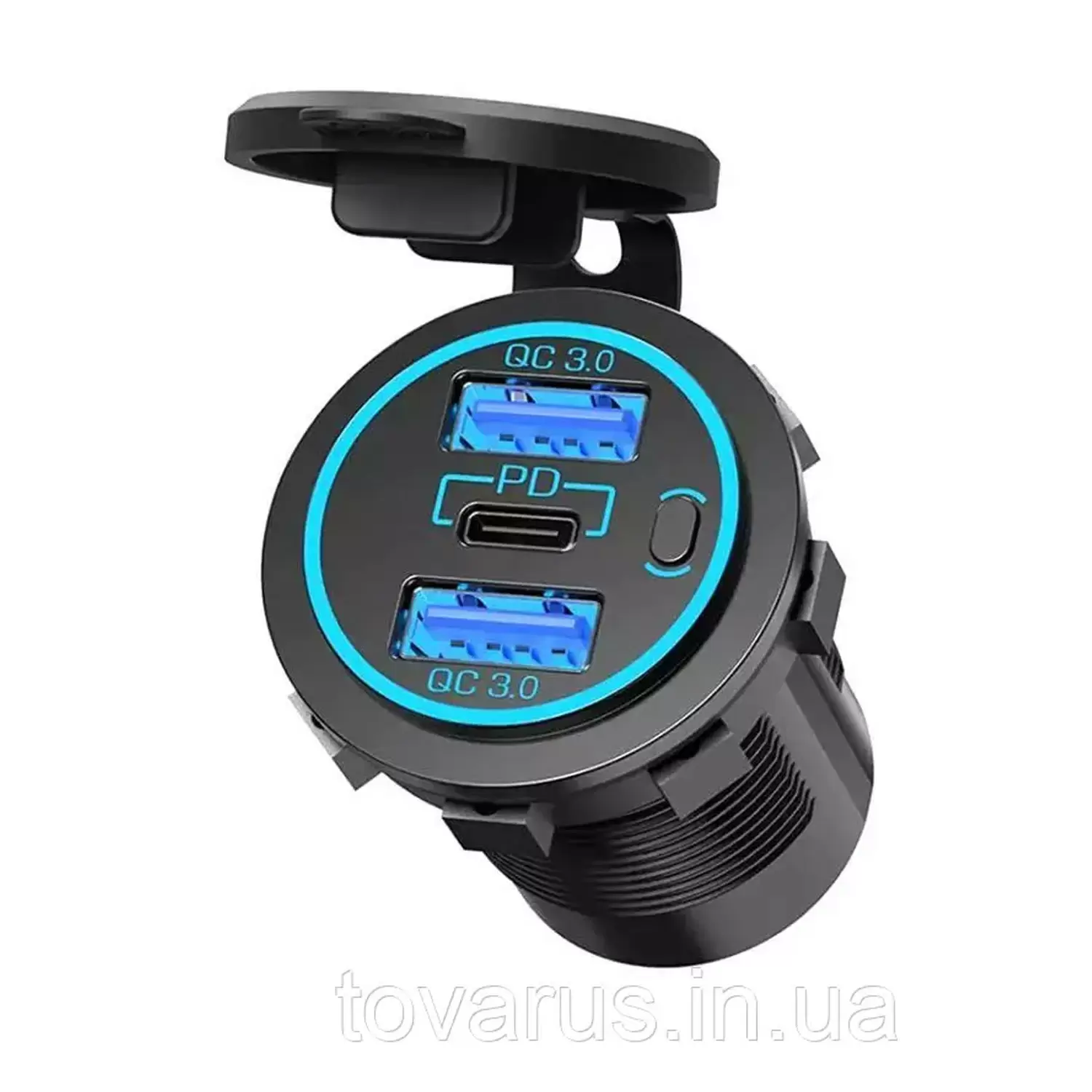 Гнездо USB двойное QC 3.0 + гнездо Type C с кнопкой, Daier, синяя подсветка, врезное Купить Гнездо USB двойное QC 3.0 + гнездо Type C с кнопкой, Daier, синяя подсветка, врезное по низкой цене